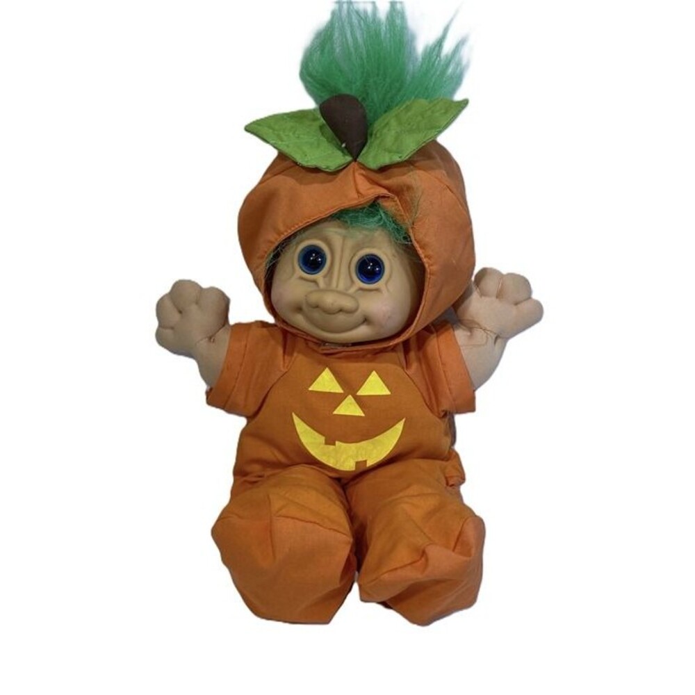 VTG Russ Berrie Troll Doll Pumpkin Halloween Costume Green Hair 1990s Plush Toy